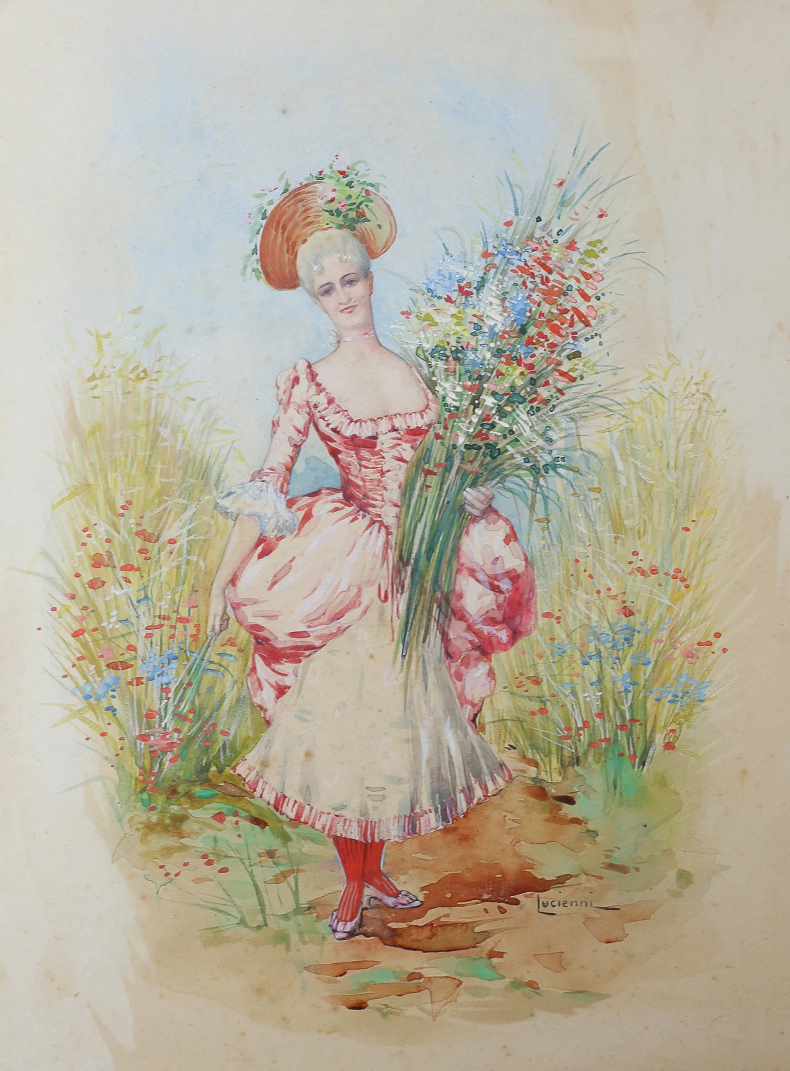 Lucienni : Elégante aux fleurs école Italienne mode robe vers 1880 ? Italie - Image 1