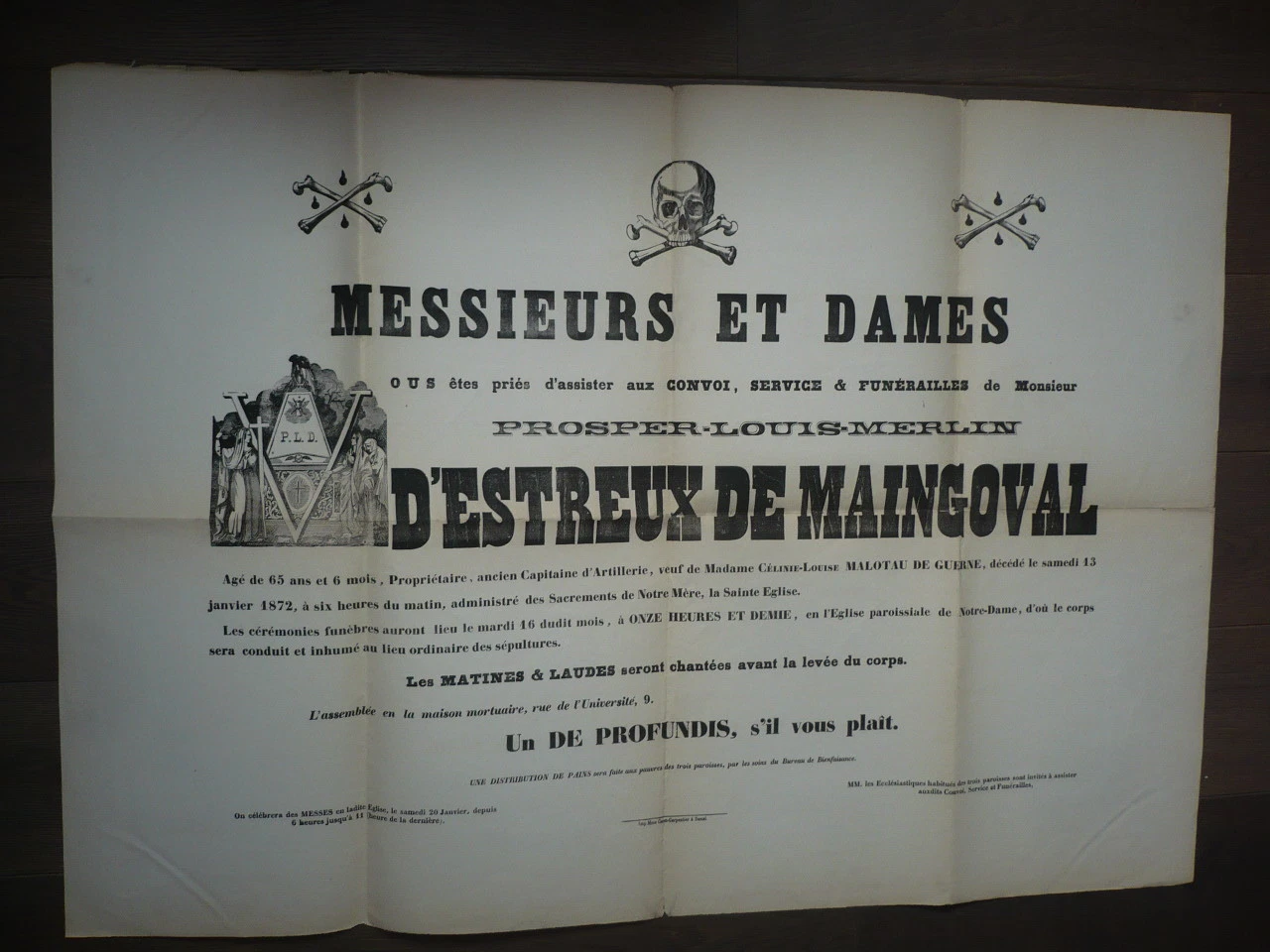 AFFICHE FUNERAIRE FUNERAILLES D'ESTREUX DE MAINGOVAL 1872 - Image 1