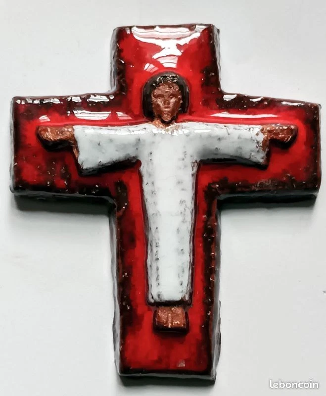 Croix Crucifix Céramique 60's - Terre chamottée émaillée Perignem / Amphora - Image 1