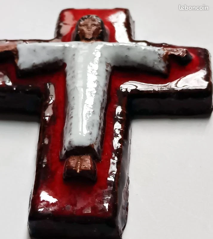 Croix Crucifix Céramique 60's - Terre chamottée émaillée Perignem / Amphora - Image 3
