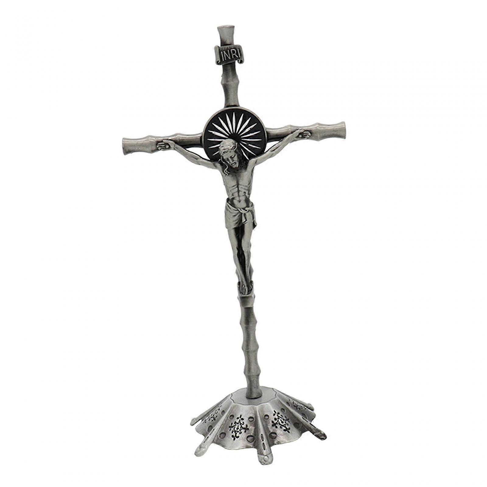 Crucifix Wall Cross Statue Miniature Cross Statue for Cabinet Easter Bedroom retro Argent - Image 1