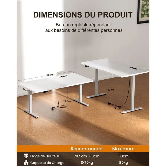 HLONONE Bureau Assis Debout Électrique, 160 x 80 cm Table Reglable Hauteur, Bureau Reglable en Hauteur Electrique, Blanc - Image 7