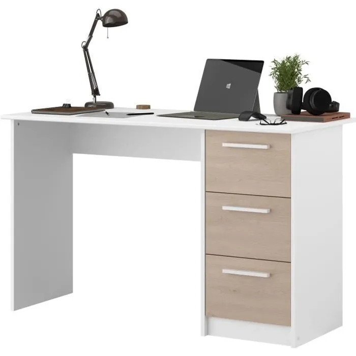 Bureau droit 3 tiroirs - Panneaux de particules - Décor Blanc - Scandinave - L 121 x P 55 x H 74 cm - ESSENTIEL - Image 3