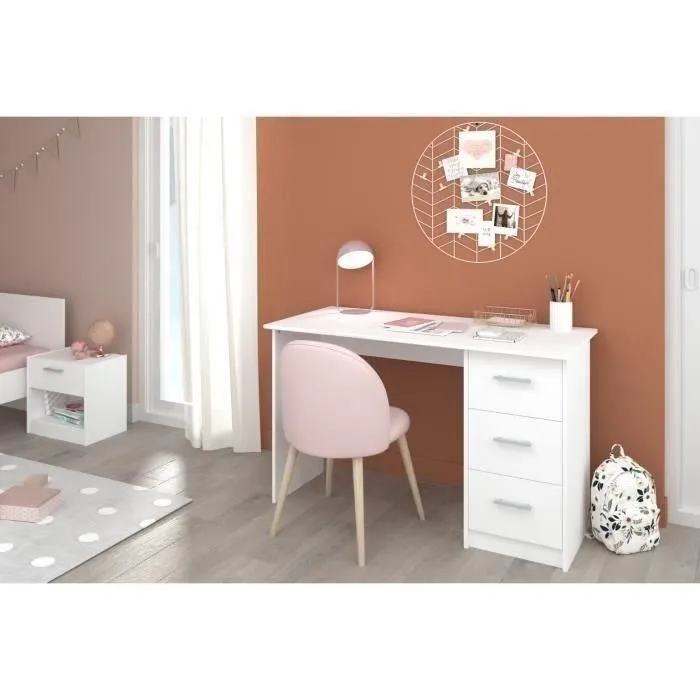 Bureau droit 3 tiroirs - Panneaux de particules - Décor Blanc - Scandinave - L 121 x P 55 x H 74 cm - ESSENTIEL - Image 6