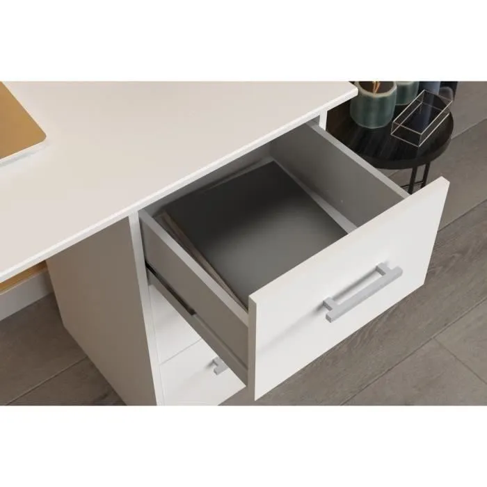 Bureau droit 3 tiroirs - Panneaux de particules - Décor Blanc - Scandinave - L 121 x P 55 x H 74 cm - ESSENTIEL - Image 9