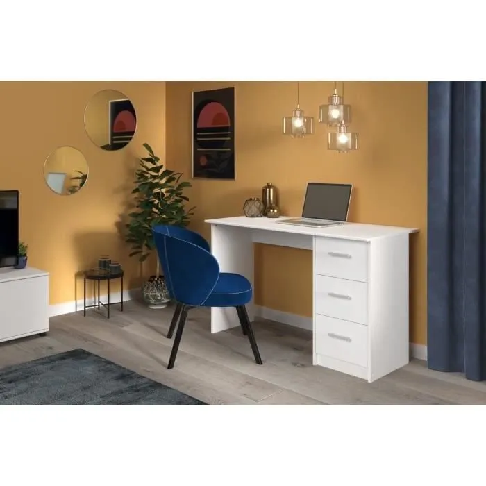 Bureau droit 3 tiroirs - Panneaux de particules - Décor Blanc - Scandinave - L 121 x P 55 x H 74 cm - ESSENTIEL - Image 10