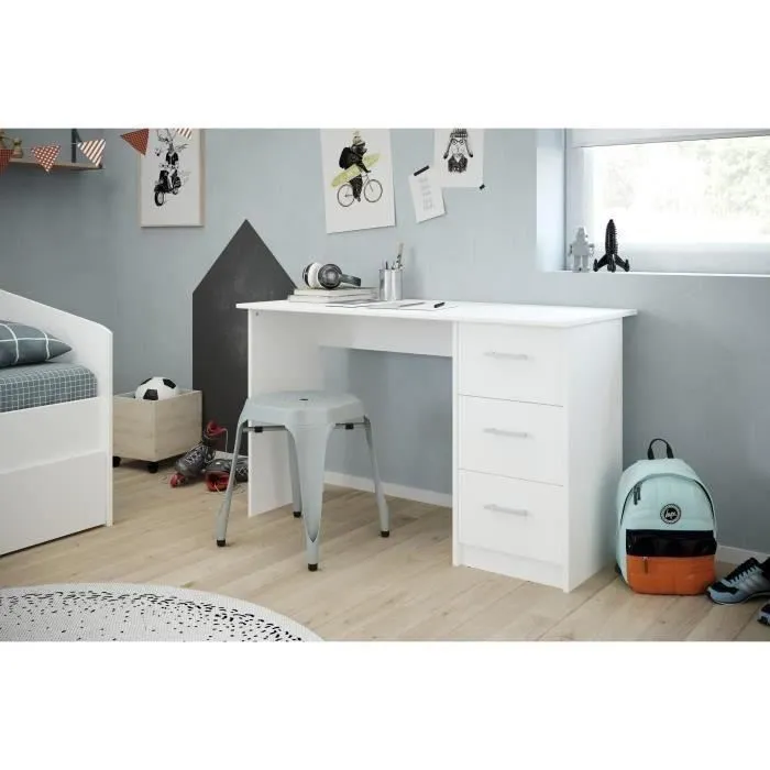 Bureau droit 3 tiroirs - Panneaux de particules - Décor Blanc - Scandinave - L 121 x P 55 x H 74 cm - ESSENTIEL - Image 11