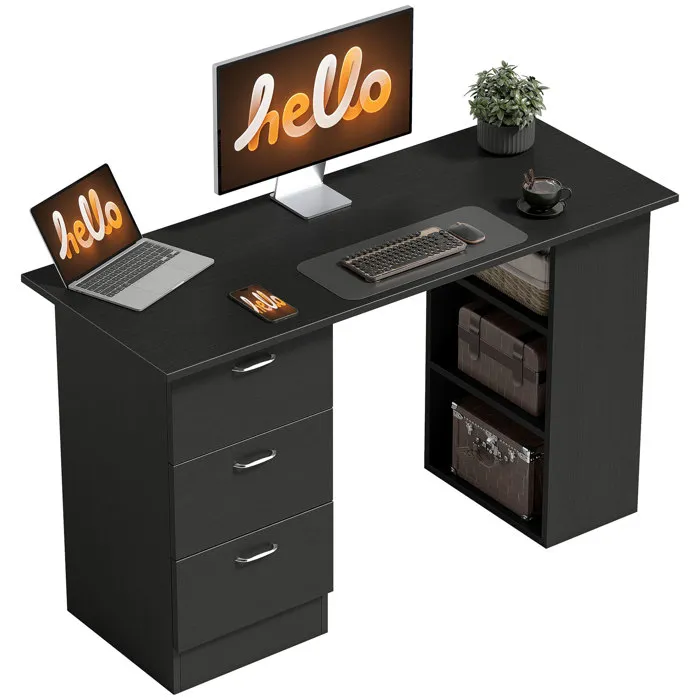 Bureau droit 3 tiroirs - Panneaux de particules - Décor Blanc - Scandinave - L 121 x P 55 x H 74 cm - ESSENTIEL - Image 14