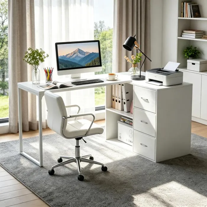 Bureau droit 3 tiroirs - Panneaux de particules - Décor Blanc - Scandinave - L 121 x P 55 x H 74 cm - ESSENTIEL - Image 15