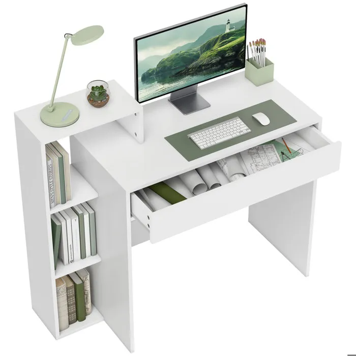 Bureau droit 3 tiroirs - Panneaux de particules - Décor Blanc - Scandinave - L 121 x P 55 x H 74 cm - ESSENTIEL - Image 17
