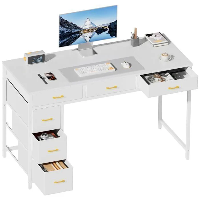 Bureau droit 3 tiroirs - Panneaux de particules - Décor Blanc - Scandinave - L 121 x P 55 x H 74 cm - ESSENTIEL - Image 18