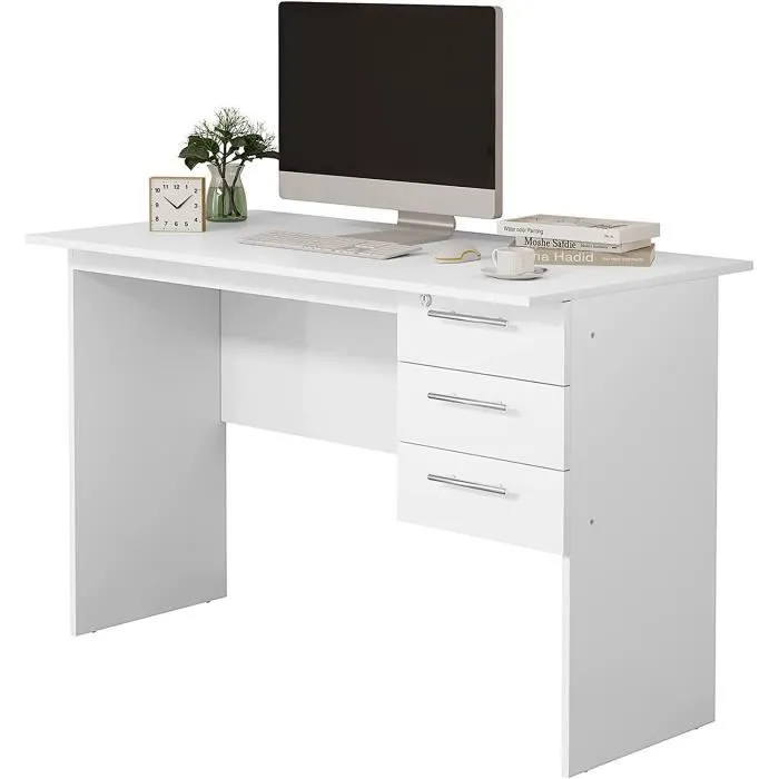 Bureau droit 3 tiroirs - Panneaux de particules - Décor Blanc - Scandinave - L 121 x P 55 x H 74 cm - ESSENTIEL - Image 19