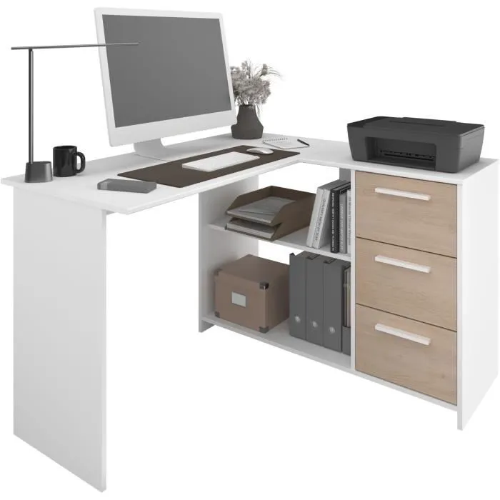 Bureau droit ESSENTIEL - 3 tiroirs - Décor chêne et blanc - L 121,2 x P 55 x H 74,5 cm - PARISOT - Image 3
