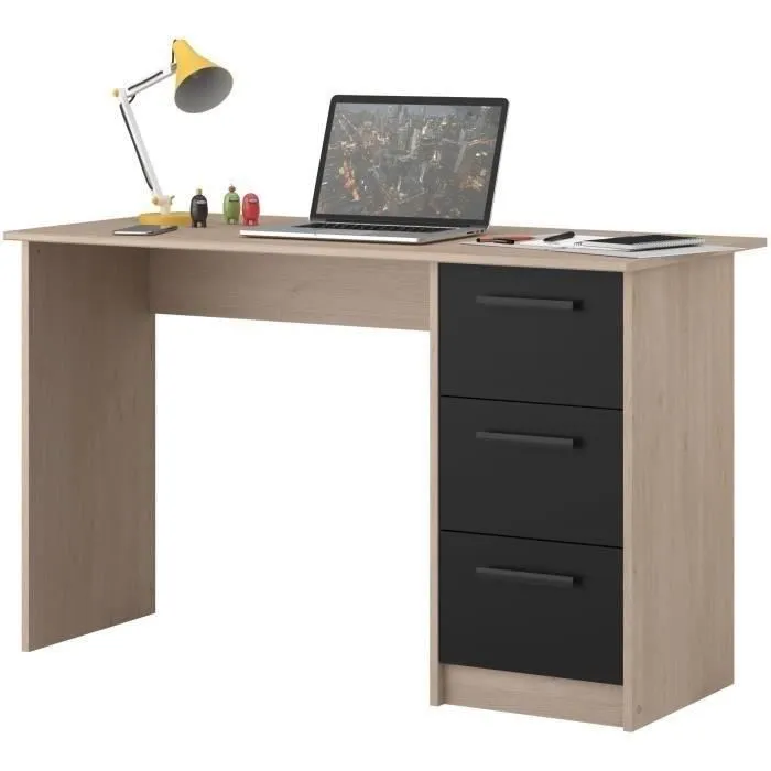 Bureau droit ESSENTIEL - 3 tiroirs - Décor chêne et blanc - L 121,2 x P 55 x H 74,5 cm - PARISOT - Image 4