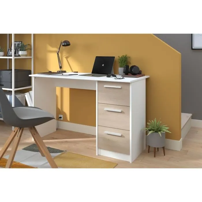 Bureau droit ESSENTIEL - 3 tiroirs - Décor chêne et blanc - L 121,2 x P 55 x H 74,5 cm - PARISOT - Image 6