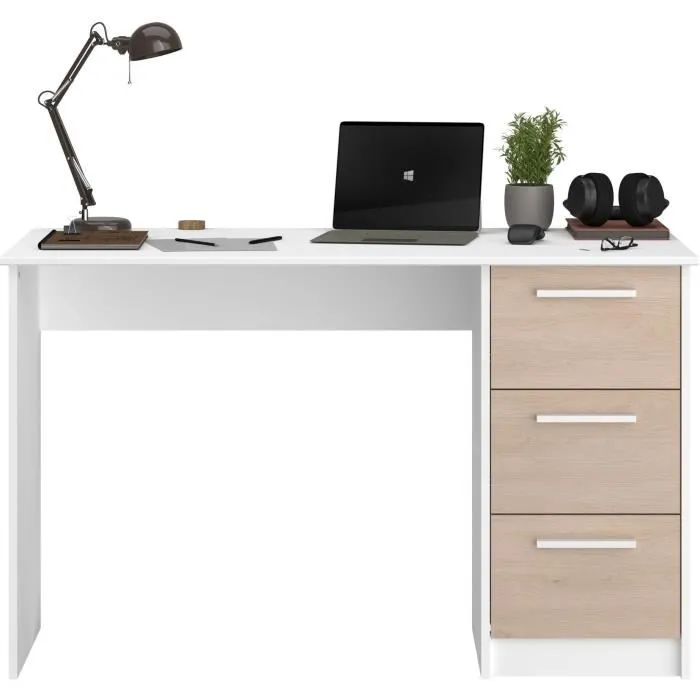 Bureau droit ESSENTIEL - 3 tiroirs - Décor chêne et blanc - L 121,2 x P 55 x H 74,5 cm - PARISOT - Image 7
