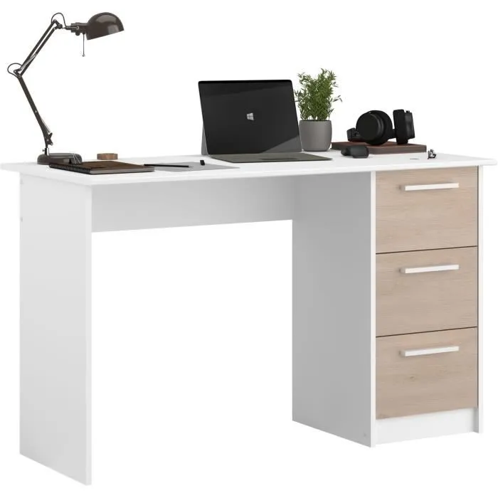 Bureau droit ESSENTIEL - 3 tiroirs - Décor chêne et blanc - L 121,2 x P 55 x H 74,5 cm - PARISOT - Image 9