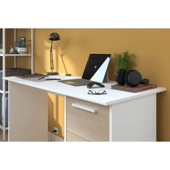 Bureau droit ESSENTIEL - 3 tiroirs - Décor chêne et blanc - L 121,2 x P 55 x H 74,5 cm - PARISOT - Image 10