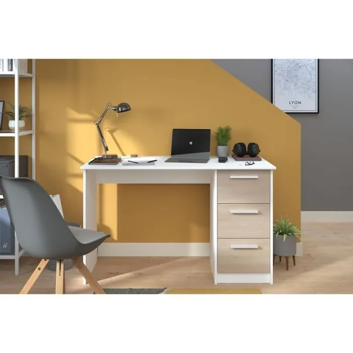 Bureau droit ESSENTIEL - 3 tiroirs - Décor chêne et blanc - L 121,2 x P 55 x H 74,5 cm - PARISOT - Image 11