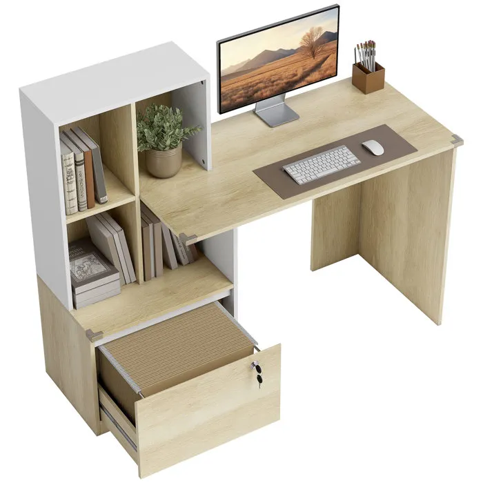 Bureau droit ESSENTIEL - 3 tiroirs - Décor chêne et blanc - L 121,2 x P 55 x H 74,5 cm - PARISOT - Image 13