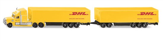 SIKU 1806, Freightliner DHL Road Train, trekker met oplegger en aanhanger, 1:87, metaal/kunststof, geel, afneembare aanhanger - Image 1