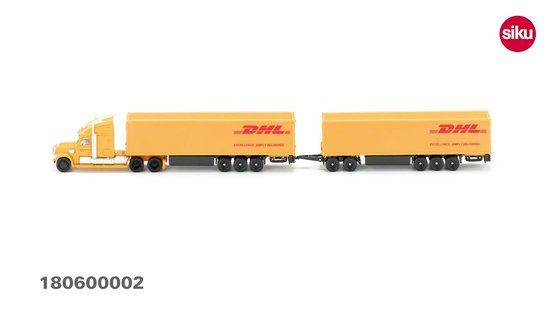 SIKU 1806, Freightliner DHL Road Train, trekker met oplegger en aanhanger, 1:87, metaal/kunststof, geel, afneembare aanhanger - Image 2