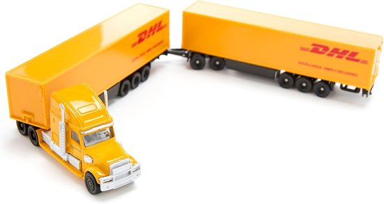 SIKU 1806, Freightliner DHL Road Train, trekker met oplegger en aanhanger, 1:87, metaal/kunststof, geel, afneembare aanhanger - Image 3