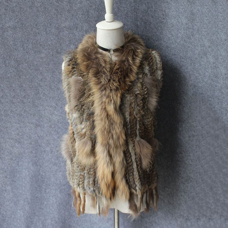 OC 407M18 Women's Coats Rabbit Fur Vest Raccoon Fur Collar True Fur Grass Winter Warm Jacket - Image 2