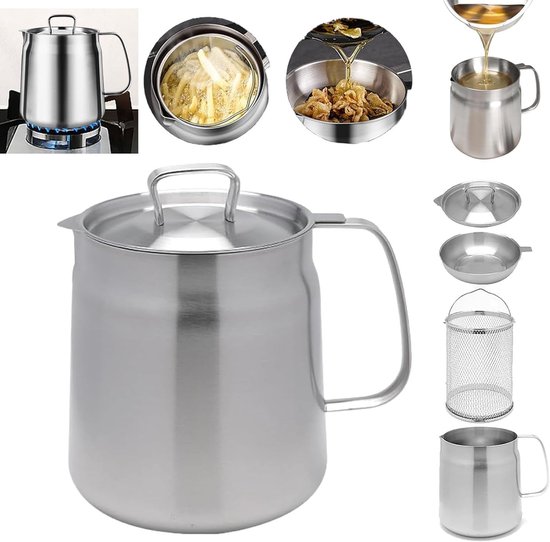 Frituurpan - Frituurpannen - friteuse - frietpan - Filterkan - RVS 304 Friteusepan - 1.5L (53oz) - Met Mand en Zeef - Grote Vetcontainer voor Spekvet - Vaatwasserbestendig - voor Fritten, Koken en Kamperen - Image 1