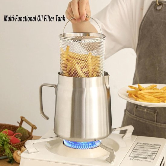 Frituurpan - Frituurpannen - friteuse - frietpan - Filterkan - RVS 304 Friteusepan - 1.5L (53oz) - Met Mand en Zeef - Grote Vetcontainer voor Spekvet - Vaatwasserbestendig - voor Fritten, Koken en Kamperen - Image 2