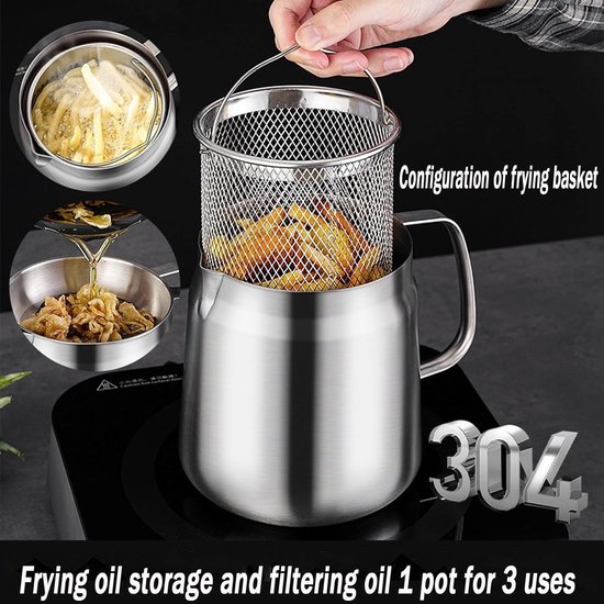 Frituurpan - Frituurpannen - friteuse - frietpan - Filterkan - RVS 304 Friteusepan - 1.5L (53oz) - Met Mand en Zeef - Grote Vetcontainer voor Spekvet - Vaatwasserbestendig - voor Fritten, Koken en Kamperen - Image 8