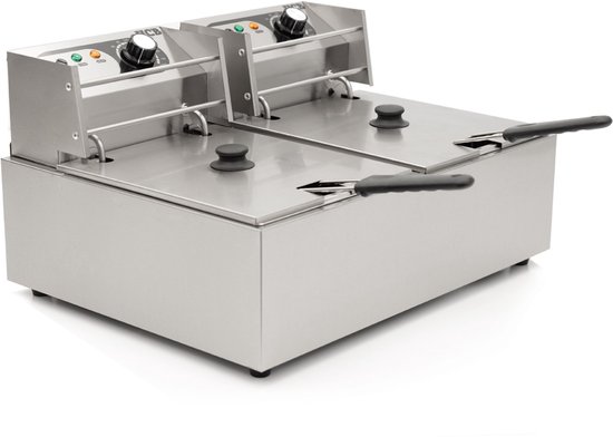 HCB® - Professionele grote Horeca frituurpan - Dubbele friteuse - 2 x 6 liter - 2 x 230V - RVS / INOX frietketel - frietpannen - frietpan - 44x57x31.5 cm (DxBxH) - 5000W - 2579 - Image 1