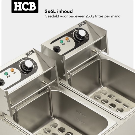 HCB® - Professionele grote Horeca frituurpan - Dubbele friteuse - 2 x 6 liter - 2 x 230V - RVS / INOX frietketel - frietpannen - frietpan - 44x57x31.5 cm (DxBxH) - 5000W - 2579 - Image 4