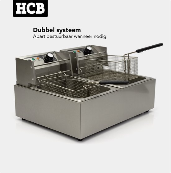 HCB® - Professionele grote Horeca frituurpan - Dubbele friteuse - 2 x 6 liter - 2 x 230V - RVS / INOX frietketel - frietpannen - frietpan - 44x57x31.5 cm (DxBxH) - 5000W - 2579 - Image 5