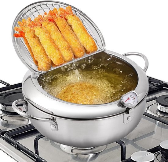 Professionele Frituurpan - Japanse RVS Tempura Frituurpan met Thermometer - Complete Set met Deksel en Oliedruiprek - Geschikt voor Friet, Kip en Garnalen - 24cm Keukenapparatuur - Image 1