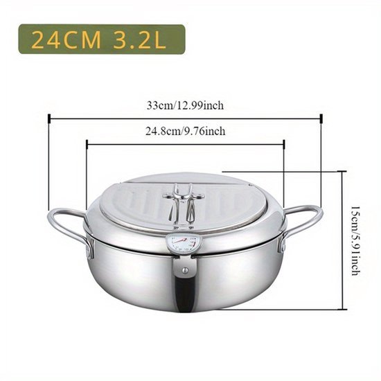 Professionele Frituurpan - Japanse RVS Tempura Frituurpan met Thermometer - Complete Set met Deksel en Oliedruiprek - Geschikt voor Friet, Kip en Garnalen - 24cm Keukenapparatuur - Image 2