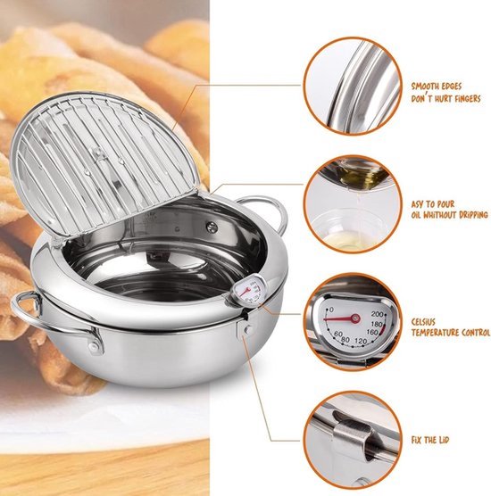 Professionele Frituurpan - Japanse RVS Tempura Frituurpan met Thermometer - Complete Set met Deksel en Oliedruiprek - Geschikt voor Friet, Kip en Garnalen - 24cm Keukenapparatuur - Image 4