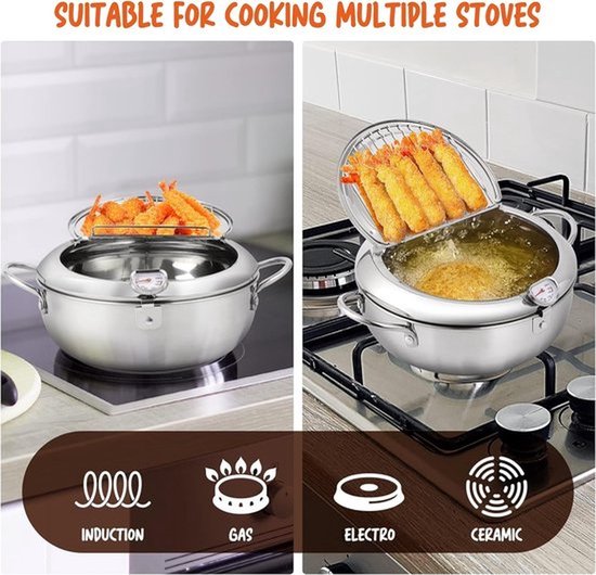 Professionele Frituurpan - Japanse RVS Tempura Frituurpan met Thermometer - Complete Set met Deksel en Oliedruiprek - Geschikt voor Friet, Kip en Garnalen - 24cm Keukenapparatuur - Image 6