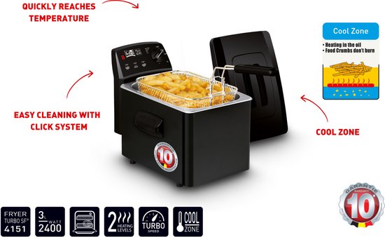 FRITEL Frituurpan - Turbo SF® 4151 - Friteuse met Antistofdeksel - Olie + Vast Vet - 2-4 personen - 2400W - 3 liter - Zwart - 10 jaar Garantie - Image 3