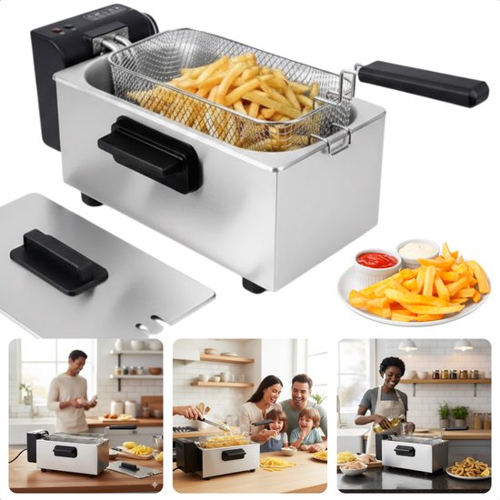 Cheqo® Friteuse - Regelbare Thermostaat - Indicatielampje - Uitneembare Tank - Verwarmingselement - PFAS-vrij - Eenvoudig Te Reinigen - RVS/Zwart - Functionele Friteuse - Frituurpan - Frituur Pan - Frietpan - Frituren - Image 1