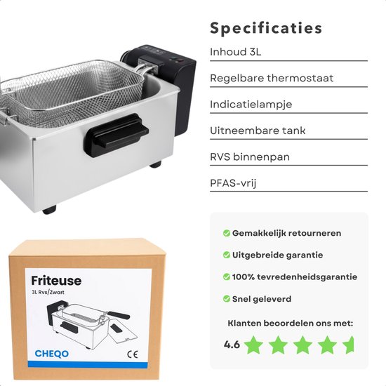 Cheqo® Friteuse - Regelbare Thermostaat - Indicatielampje - Uitneembare Tank - Verwarmingselement - PFAS-vrij - Eenvoudig Te Reinigen - RVS/Zwart - Functionele Friteuse - Frituurpan - Frituur Pan - Frietpan - Frituren - Image 2