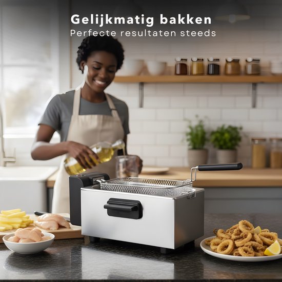 Cheqo® Friteuse - Regelbare Thermostaat - Indicatielampje - Uitneembare Tank - Verwarmingselement - PFAS-vrij - Eenvoudig Te Reinigen - RVS/Zwart - Functionele Friteuse - Frituurpan - Frituur Pan - Frietpan - Frituren - Image 4