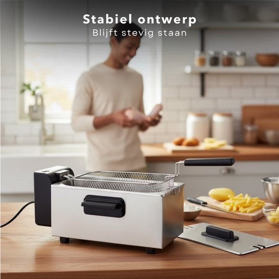 Cheqo® Friteuse - Regelbare Thermostaat - Indicatielampje - Uitneembare Tank - Verwarmingselement - PFAS-vrij - Eenvoudig Te Reinigen - RVS/Zwart - Functionele Friteuse - Frituurpan - Frituur Pan - Frietpan - Frituren - Image 6