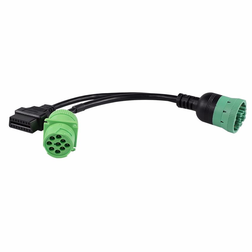 Green Type2 J1939 9pin Female to OBD2 Female and to J1939 Male Splitter Y Cable for Truck Freightliner GPS Eld Tracker - Image 1