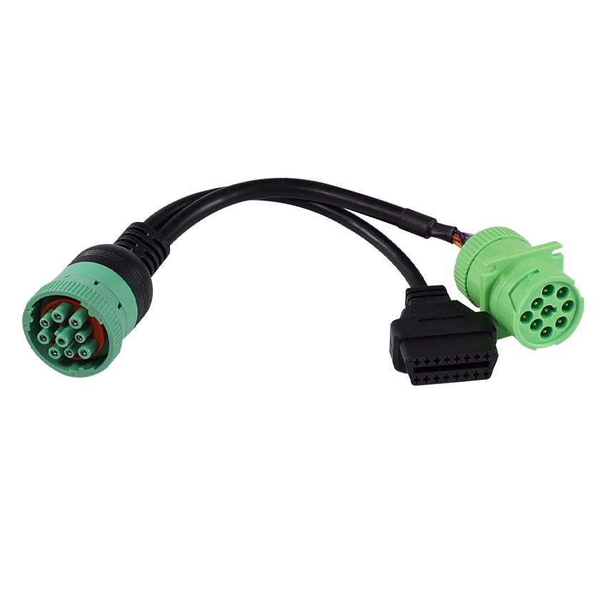 Green Type2 J1939 9pin Female to OBD2 Female and to J1939 Male Splitter Y Cable for Truck Freightliner GPS Eld Tracker - Image 2