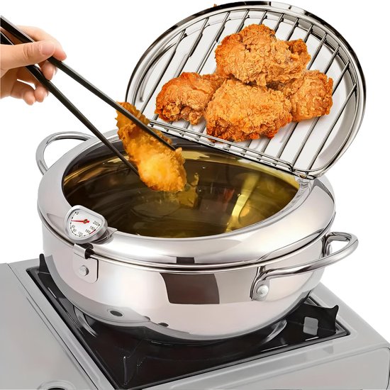 Professionele Frituurpan - Japanse RVS Tempura Frituurpan met Thermometer - Complete Set met Deksel en Oliedruiprek - Geschikt voor Friet, Kip en Garnalen - 20cm Keukenapparatuur - Image 1