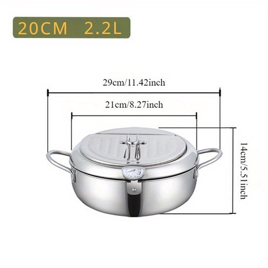 Professionele Frituurpan - Japanse RVS Tempura Frituurpan met Thermometer - Complete Set met Deksel en Oliedruiprek - Geschikt voor Friet, Kip en Garnalen - 20cm Keukenapparatuur - Image 3