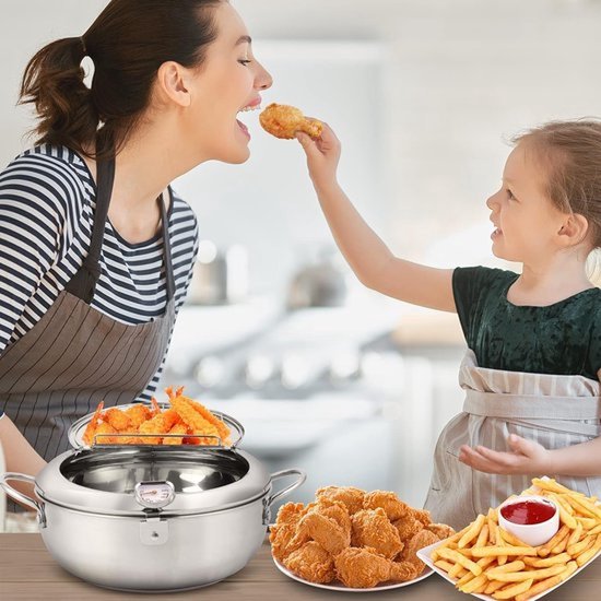 Professionele Frituurpan - Japanse RVS Tempura Frituurpan met Thermometer - Complete Set met Deksel en Oliedruiprek - Geschikt voor Friet, Kip en Garnalen - 20cm Keukenapparatuur - Image 4