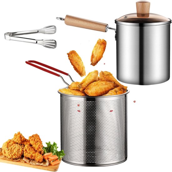Frituurpan met zeef 3 liter - Roestvrijstalen friteuse pan met levensmiddelclip, oliefilterpot en schenktuit - Multifunctionele frituurpan voor friet, garnalen, vis en kip - Image 1