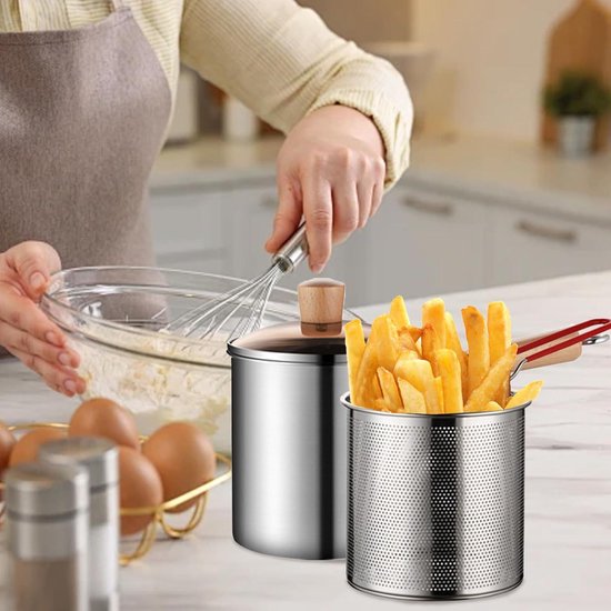 Frituurpan met zeef 3 liter - Roestvrijstalen friteuse pan met levensmiddelclip, oliefilterpot en schenktuit - Multifunctionele frituurpan voor friet, garnalen, vis en kip - Image 2